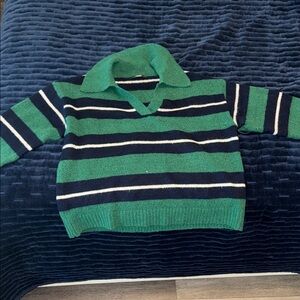 Aqua Green and Navy Striped V-Neck Sweater
